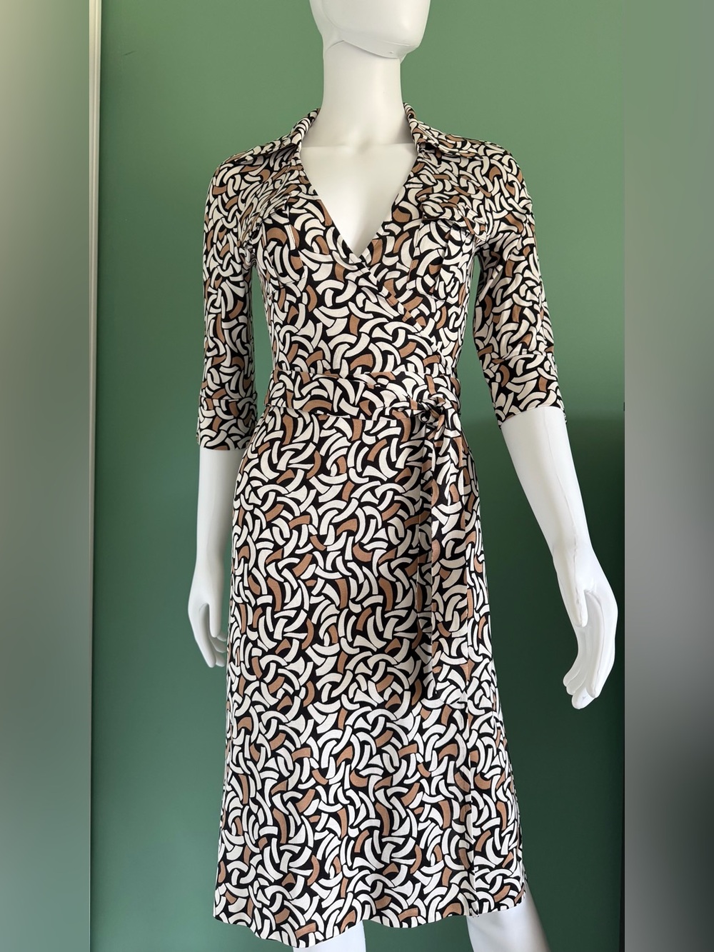 Diane Von Furstenberg Silk Camel, White & Black Geometric Wrap Dress